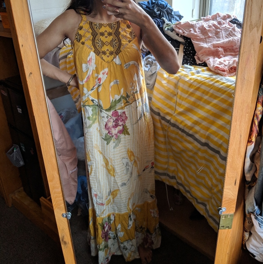 Yellow and White koi Anthropologie maxi dress